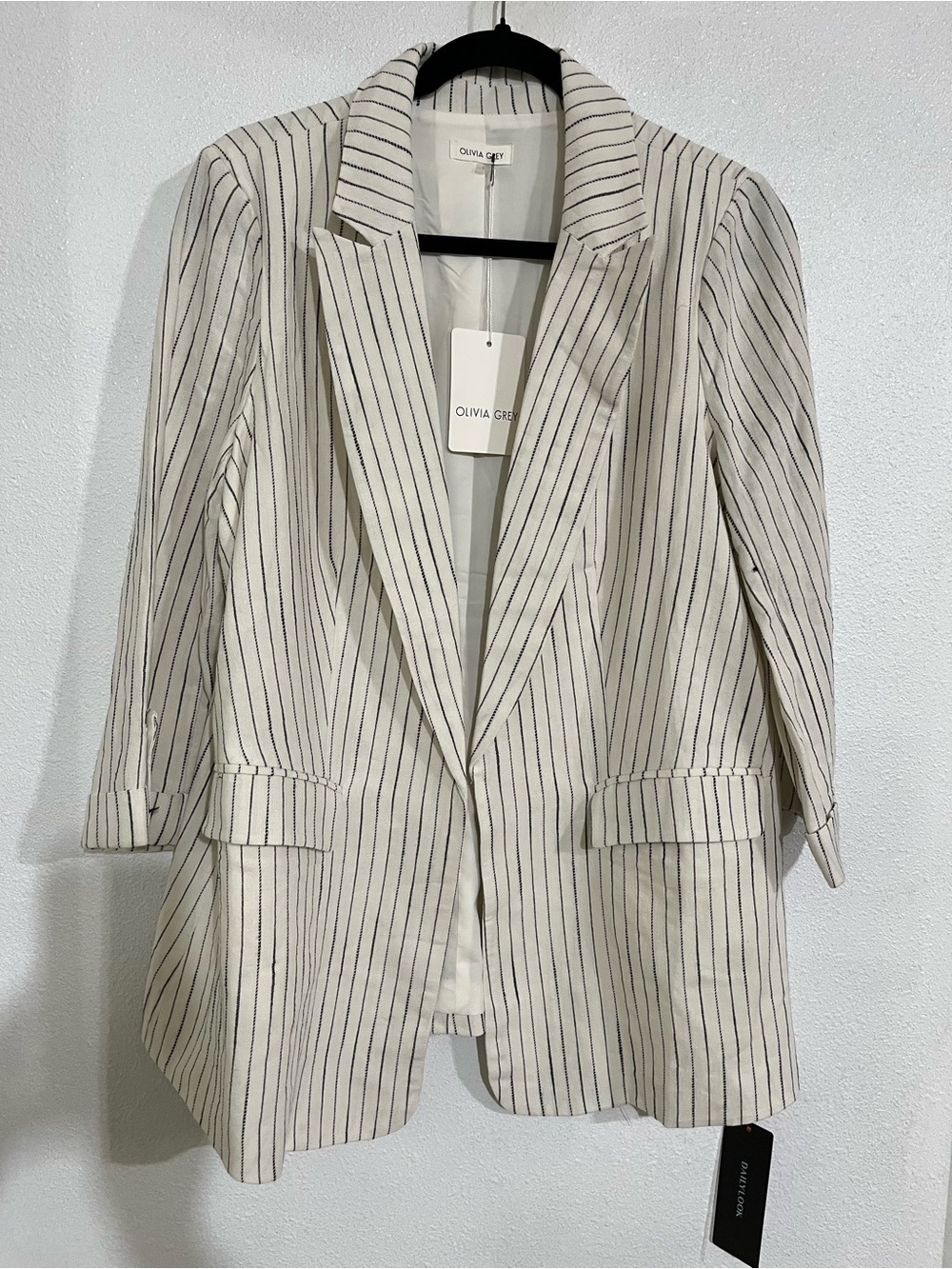 Olivia Grey Cream black Pinstripe Single-Breasted open Blazer Linen blend M